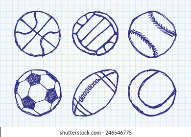 Ball sketch set simple outlined isolated on paper notebook.