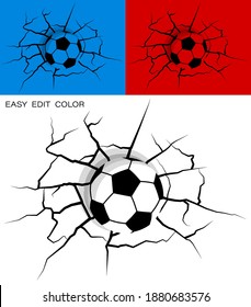 ball for soccer, classic football hit wall powerfully and damaged, cracks on wall. Sports design element. Active lifestyle. Vector on white or color background with cracks