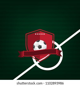 Ball for soccer or football with red logo on green color background