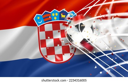 The ball in the soccer net. Goal vector concept. 3d vector banner with flag of Croatia