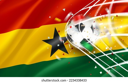 The ball in the soccer net. Goal vector concept. 3d vector banner with copy space. Flag of Ghana