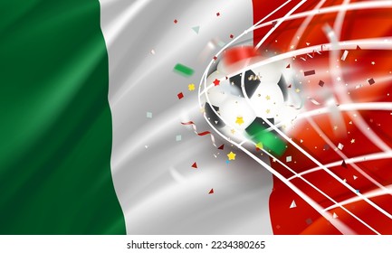 The ball in the soccer net. Goal vector concept. 3d vector banner with copy space