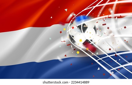 The ball in the soccer net. Goal vector concept. 3d vector banner with copy space. Netherlands 