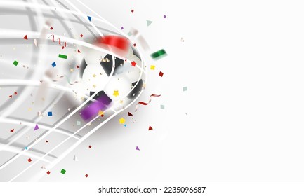 The ball in the soccer net. Goal vector concept. 3d vector banner with copy space