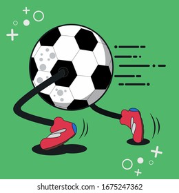 Ball of soccer is running cartoon vector illustration with green background