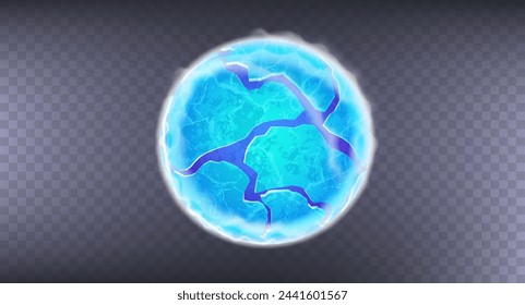 Esfera de bola dividida en la superficie, humo frío del hielo y niebla. Renderizado 3D de material realista. Elementos de decoración y plantillas para modelar. Ilustración vectorial diseños abstractos formas de bola