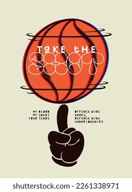 Ball spinning on the cartoon finger. Take the shot. Basketball typography silkscreen t-shirt print vector illustration.