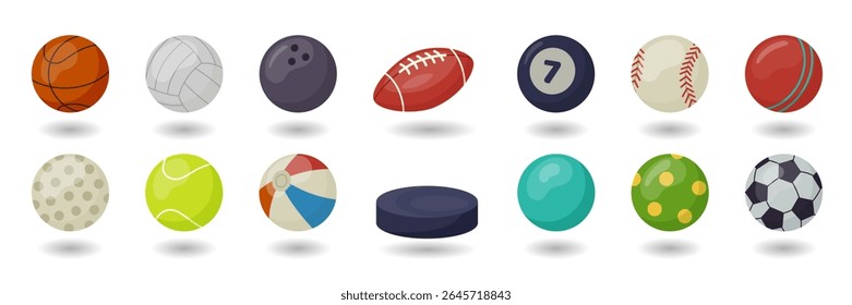 Ball sport. Basketball or volleyball playing. Hockey puck. Tennis shot. Game round objects. Sporting activity. Baseball softball. Rugby training. Soccer competition. Icon flat cartoon. Vector tidy set