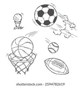 Ball Sport Doodles Vector. Doodle sketch set