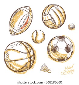 Ball Sport Doodles - Vector. Sketch soccer, american football, baseball and basketball ball, volleyball
