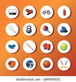 ball sport equiment racket, sticks, helmet, glove, shoes detailed, round set icons vector illustration