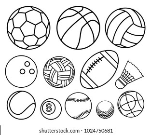 Ball Sport Outline Vector Set For Decorative Design And Coloring Page