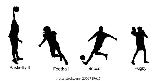 Ball sport set discipline players with ball vector silhouette illustration isolated. Sports man attractive move pose hit ball. Sportsman action. Basketball Football Soccer Rugby. Athlete man movement.