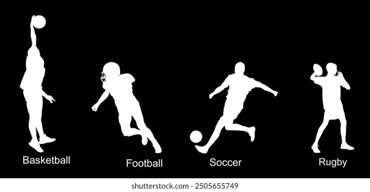 Ball sport set discipline players with ball vector silhouette illustration isolated. Sports man attractive move pose hit ball. Sportsman action. Basketball Football Soccer Rugby. Athlete man movement.