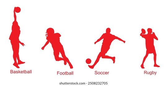 Esporte bola definir jogadores de disciplina com bola vetor silhueta ilustração isolado. Esporte homem atraente mover pose bola de sucesso. Ação esportista. Futebol Futebol Futebol Rugby. Movimento do homem atleta.