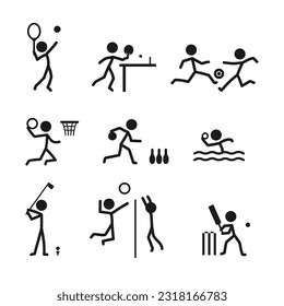 Juego de vectores de pictograma de icono de deportes de bola. Figura de palo hombres deportistas jugadores vectoriales símbolo pictograma. Tenis, fútbol, baloncesto, bolos, waterpolo, golf, voleibol, hockey