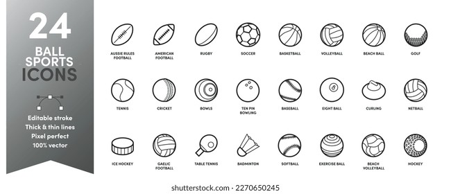 Ball Sports Icon Set, editable stroke with thick and thin stroke weights
