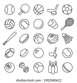 Ball Sports Line Icons. Outline Equipment For Football, Tennis, Badminton And Soccer, Baseball And Boxing. Thin Linear Game Vector Set. Ball Football, Sport Game , Handball And Volleyball Illustration