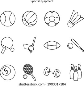 Ball sports line icons. Outline equipment for football, tennis, badminton and soccer, baseball and boxing. Thin linear game vector set.