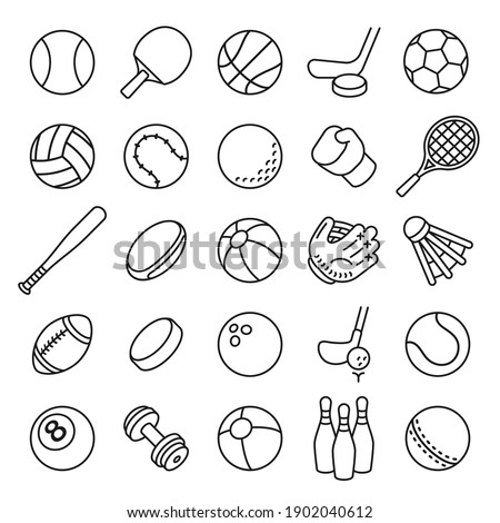 Ball sports line icons. Outline equipment for football, tennis, badminton and soccer, baseball and boxing. Thin linear game vector set. Ball football, sport game , handball and volleyball illustration