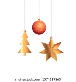 ball with star and pine tree of christmas hanging vector illustration design