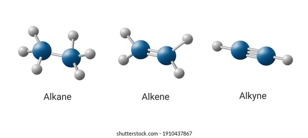 Ball and stick model of hydrocarbons are  alkane, alkene, alkyne. Structural formula, organic chemical. Concept for basic chemistry, education. Vector illustration