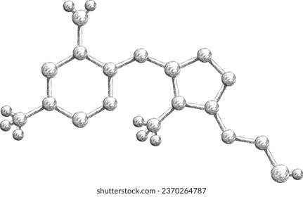 Ball and stick model of thiamin vitamin B1 molecule structure sketch