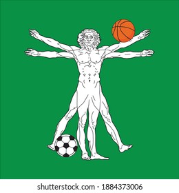 Ball and Stylized sketch of the Vitruvian man or Leonardo's man. vitruviano vector illustration based on Leonardo da Vinci artwork 