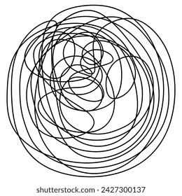 A ball of tangled lines. Sketch. Chaotic scattered doodles. Black and white vector illustration. Hand sloppy drawing. A ball of tangled threads. Outline on isolated background. Idea for web design.