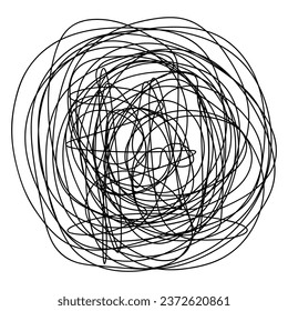 A ball of tangled rope. Round scribbled ball made of doodles. Sketch. Chaotic drawn lines. Black and white vector illustration. Hand drawn careless doodles. Outline on isolated background. 