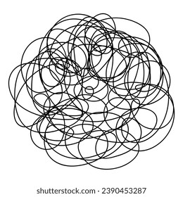 Ein Ball mit verworrenen Schreibern. Eine Fantasie von Fluchen. Skizze. Vektorgrafik. Ein handgezeichnetes Objekt aus gekratzten, wirbelnden Linien. Umriss auf isoliertem Hintergrund. 