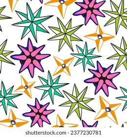 a ball with thorns, a compass rose and a shuriken in a vector. a pattern with a subcultural object. a navigation symbol. pattern for fabric, background, print. Series of teenage patterns and icons