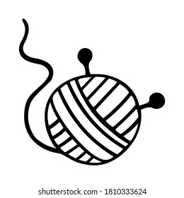 Ball of thread with knitting needles, in ink isolated on white background, cozy autumn. Hand drawn vector decorative element in doodle style for invitation and decoration, postcard, banner or website