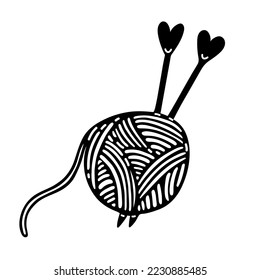 Ball of thread with knitting needles. Soft wool yarn - mohair, merino with needlework tools. Element hobby, homemade. Simple doodle. Black outline isolated on white background. Clipart for logo, apps