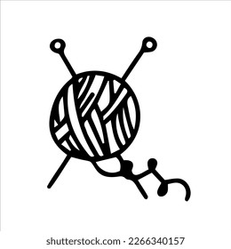 A ball of thread with knitting needles. Vector hand-drawn. Template, icon, excise, clipart, logo.