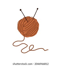 Una bola de hilo para tejer con agujas de punto pegadas, un vector de ilustración de dibujos animados dibujado a mano. 