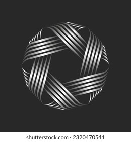 A ball of thread logo round shape metallic knot for the handmade sewing workshop, intersection thin silver parallel lines circular weaving pattern.