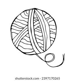 A ball of thread on an isolated white background in doodle style.A skein of yarn for knitting.Vector illustration in hand-drawn style.