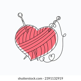 A ball of thread in the shape of a heart, knitting needles. Drawn hobby, needlework, knitting icon in doodle style. Vector illustration. Isolated background.