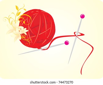 Ball of threads for knitting with spokes and lilies. Vector