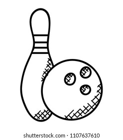 
A ball with three holes and pin illustrating the bowling game. 
