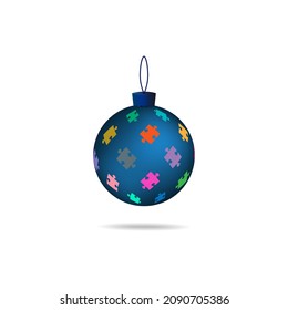 A ball toy for a Christmas tree with a pattern of colorful puzzles on a white background. Vector image.