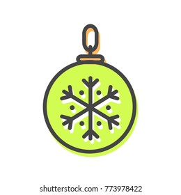 Ball with tread that allows to hang ot on Christmas evergreen tree, icon of bauble decoration of pine, vector illustration isolated on white