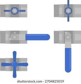 Ball valve device set on transparent background. Vector illustration of plumbing valves with various handle designs for plumbing guides, industrial mechanical diagrams, educational materials