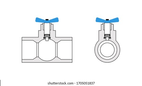 Dispositivo de válvula de bola. Vista lateral y frontal. Dibujo. Grúa adentro. ¿Cómo funciona un grifo de agua? Apague las válvulas. Vector de esquema