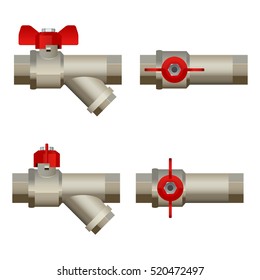 Ball valve with filter, vector illustration, side and top view, open closed, realistic design, isolated on white