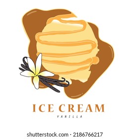  Ball of Vanilla ice cream scoop closeup composition with aromatic dried beans and fresh yellow flower vector illustration on white.