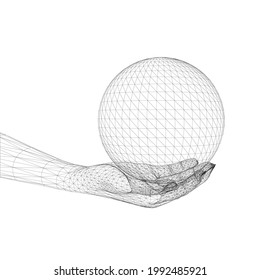 Ball wireframe in human hand isolated on white background. 3D. Vector illustration