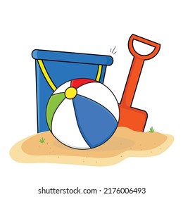 Ball wit basket and sandpit kit icon logo flat vector design llustration wallpaper background, ball in the beach