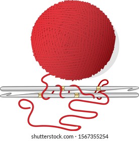 Ball of wool for knitting and crochet hook. Vector illustration image on white background.